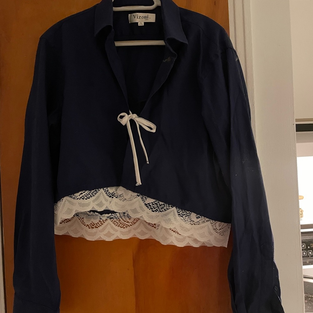 Navy Blue Lace Trim Blouse